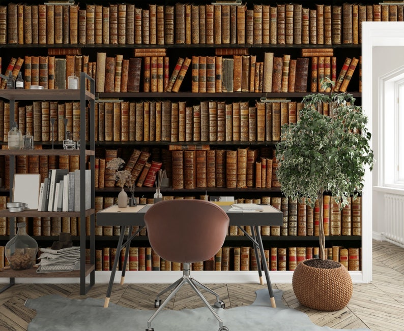Realistic Library Books on Bookshelf Wallpaper on Removable Peel Stick, Traditional Non Woven image 3