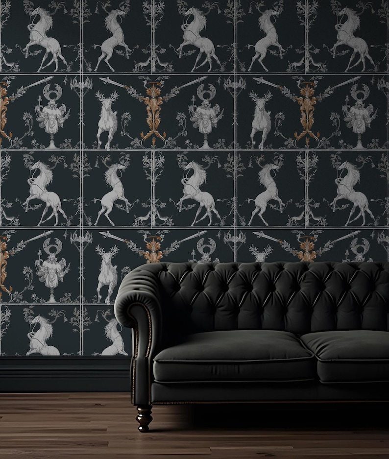 May include: A black leather sofa with tufted buttons sits in front of a dark blue wallpaper with a repeating pattern of white deer, horses, and stylized figures. The wallpaper features a gold and white color scheme.