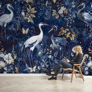 Marinblå tapet Heron Mural Chinoiserie Crane Peel Stick Avtagbar Vinyl Vanlig Tapetdekor bild 1