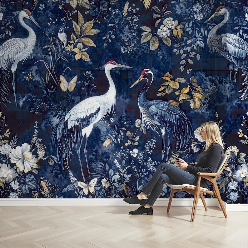 Marinblå tapet Heron Mural Chinoiserie Crane Peel Stick Avtagbar Vinyl Vanlig Tapetdekor bild 1
