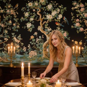 May include: A woman setting a table with candles and place settings. The table is set in front of a dark floral wallpaper with birds. Gold candle holders and glasses are on the table. The woman is wearing a light-colored dress.