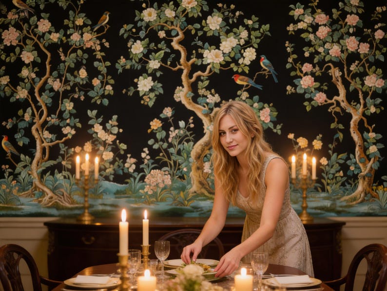 May include: A woman setting a table with candles and place settings. The table is set in front of a dark floral wallpaper with birds. Gold candle holders and glasses are on the table. The woman is wearing a light-colored dress.