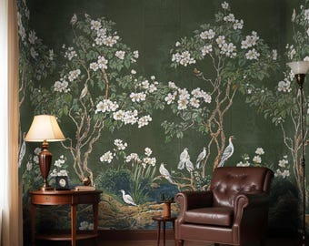 Vintage Dark Green Chinoiserie Wallpaper, Botanic Mural - Removable Peel Stick and Traditional