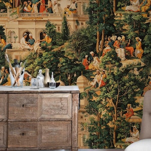 May include: A detailed wallpaper featuring a historical scene with figures in traditional attire amidst lush greenery and architectural elements. The color palette includes greens, yellows, and browns, creating a vintage aesthetic. A wooden dresser with a marble top is in the foreground.
