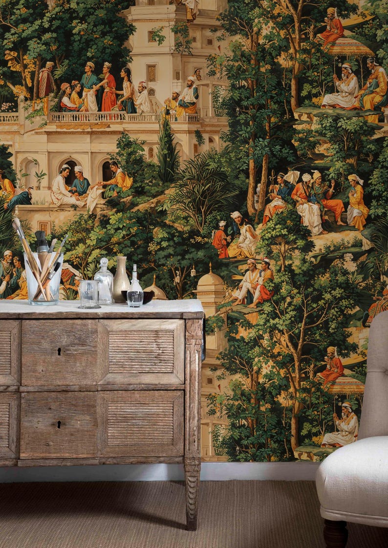 May include: A detailed wallpaper featuring a historical scene with figures in traditional attire amidst lush greenery and architectural elements. The color palette includes greens, yellows, and browns, creating a vintage aesthetic. A wooden dresser with a marble top is in the foreground.