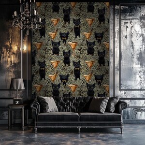 May include: Black and gold wallpaper featuring a repeating pattern of black cats wearing bow ties and holding martini glasses. The wallpaper is set against a dark background and is displayed in a room with a black sofa.