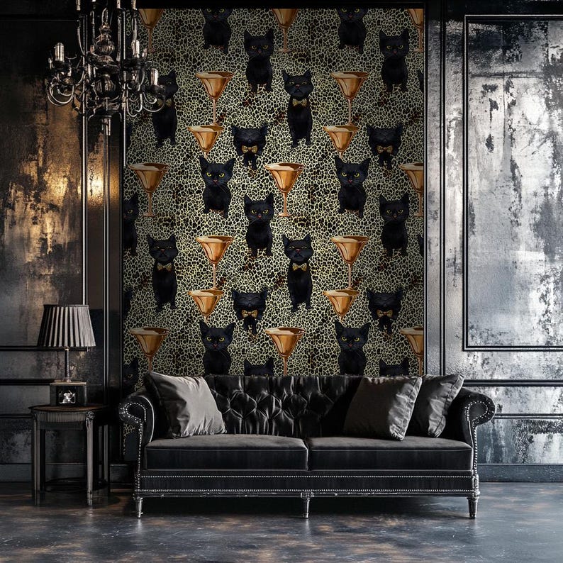 May include: Black and gold wallpaper featuring a repeating pattern of black cats wearing bow ties and holding martini glasses. The wallpaper is set against a dark background and is displayed in a room with a black sofa.