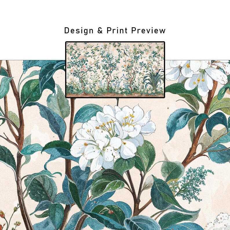 K&ouml;nnte beinhalten: Florales Design mit wei&szlig;en Bl&uuml;ten, gr&uuml;nen Bl&auml;ttern und braunen Zweigen. Das Bild enth&auml;lt eine Vorschau des Designs mit dem Text "Design & Print Preview". Der Hintergrund ist hellbeige.