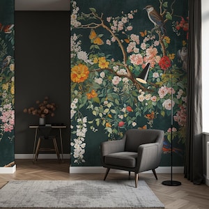 Vintage Dark Botanic Wallpaper, Green Backsplash, Victorian Flowers Wall Mural, Removable Peel Stick, Traditional Non Woven