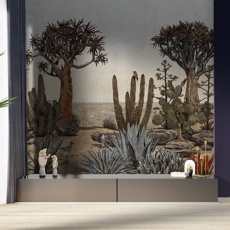 May include: A wall mural featuring a desert landscape with cacti, succulents, and trees. The mural is printed on a textured canvas and has a realistic look.