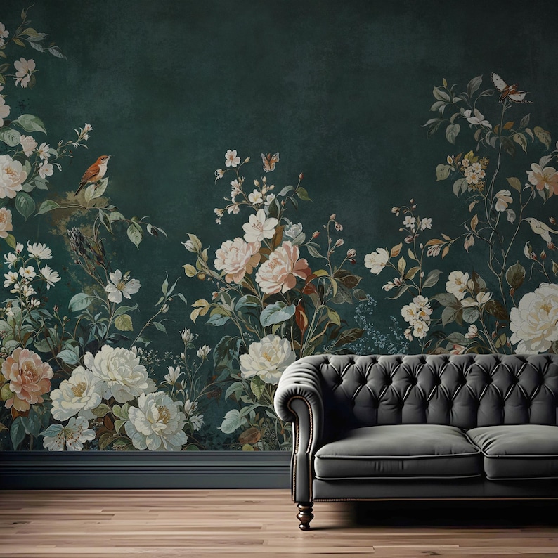 Vintage Dark Green Chinoiserie Flower Wallpaper, Botanic Mural, Removable Peel and Stick Wall Mural