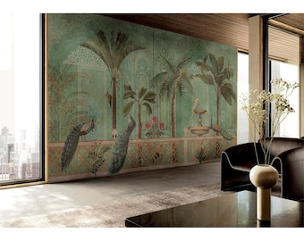 Mughal Wallpaper of India Rajahstan with Peacock Mural, Removable Peel Stick, Traditional