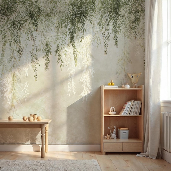 Green Hanging Leaves Peel Stick Wallpaper Mural, Removable Traditional Non Woven Vinyl Botanical Wall Decor, Natural Foliage Design