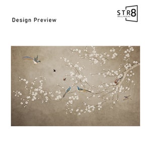 May include: A digital illustration of a delicate branch of a flowering tree with white blossoms. The branch is depicted against a light brown background, and there are several small birds with blue and brown feathers perched on the branches.