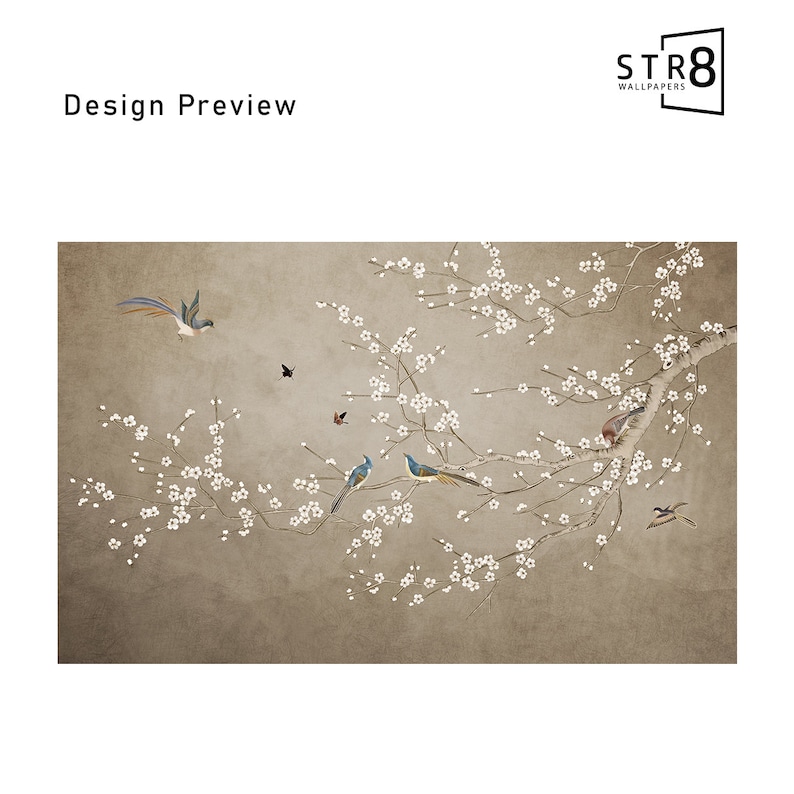 May include: A digital illustration of a delicate branch of a flowering tree with white blossoms. The branch is depicted against a light brown background, and there are several small birds with blue and brown feathers perched on the branches.