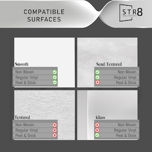 May include: An informational graphic displays the text "COMPATIBLE SURFACES" and the STR8 Wallpapers logo. It shows which wallpaper types are compatible with smooth, semi-textured, textured, and glass surfaces. Check marks and X's indicate compatibility.