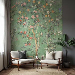 Grön Chinoiserie-tapet, Förtrollad asiatisk trädgård, Slanka träd och växter - Avtagbar, självhäftande stift och traditionell bild 3