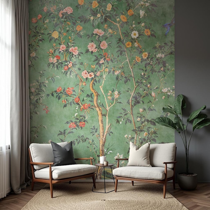Grön Chinoiserie-tapet, Förtrollad asiatisk trädgård, Slanka träd och växter - Avtagbar, självhäftande stift och traditionell bild 3