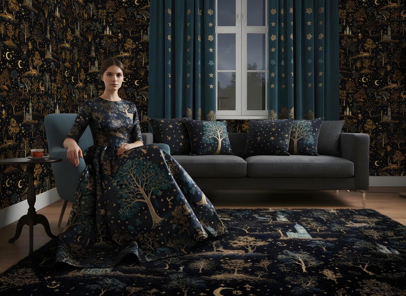 Puede incluir: Una mujer con un vestido azul oscuro con un estampado de &aacute;rboles y estrellas se sienta en una silla azul. El vestido coincide con la alfombra y el papel pintado, que presentan un dise&ntilde;o de bosque con &aacute;rboles, lunas y estrellas. Cortinas y cojines color turquesa completan la decoraci&oacute;n de la habitaci&oacute;n.