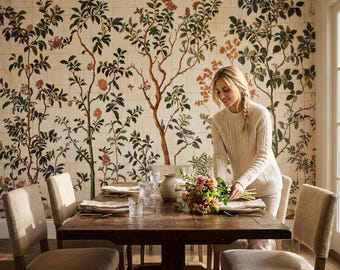 Chinoiserie Mural Peel and Stick Beige Wallpaper Renter Friendly Removable Wall Paper