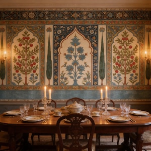 May include: A dining room with a large wooden table set for a meal. The table is surrounded by wooden chairs and set with plates, glasses, and silverware. The walls are decorated with ornate floral wallpaper and sconces.
