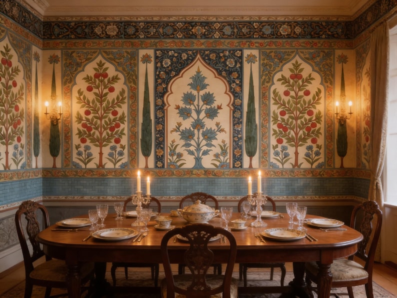 May include: A dining room with a large wooden table set for a meal. The table is surrounded by wooden chairs and set with plates, glasses, and silverware. The walls are decorated with ornate floral wallpaper and sconces.
