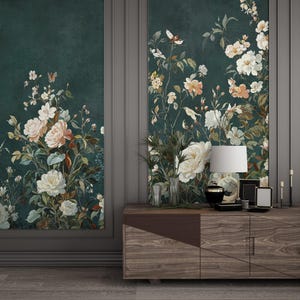 Vintage Dark Green Chinoiserie Flower Wallpaper, Botanic Mural, Removable Peel and Stick Wall Mural