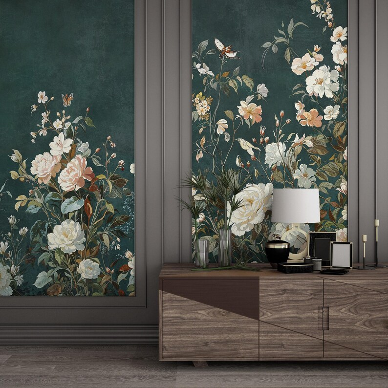 Vintage Dark Green Chinoiserie Flower Wallpaper, Botanic Mural, Removable Peel and Stick Wall Mural