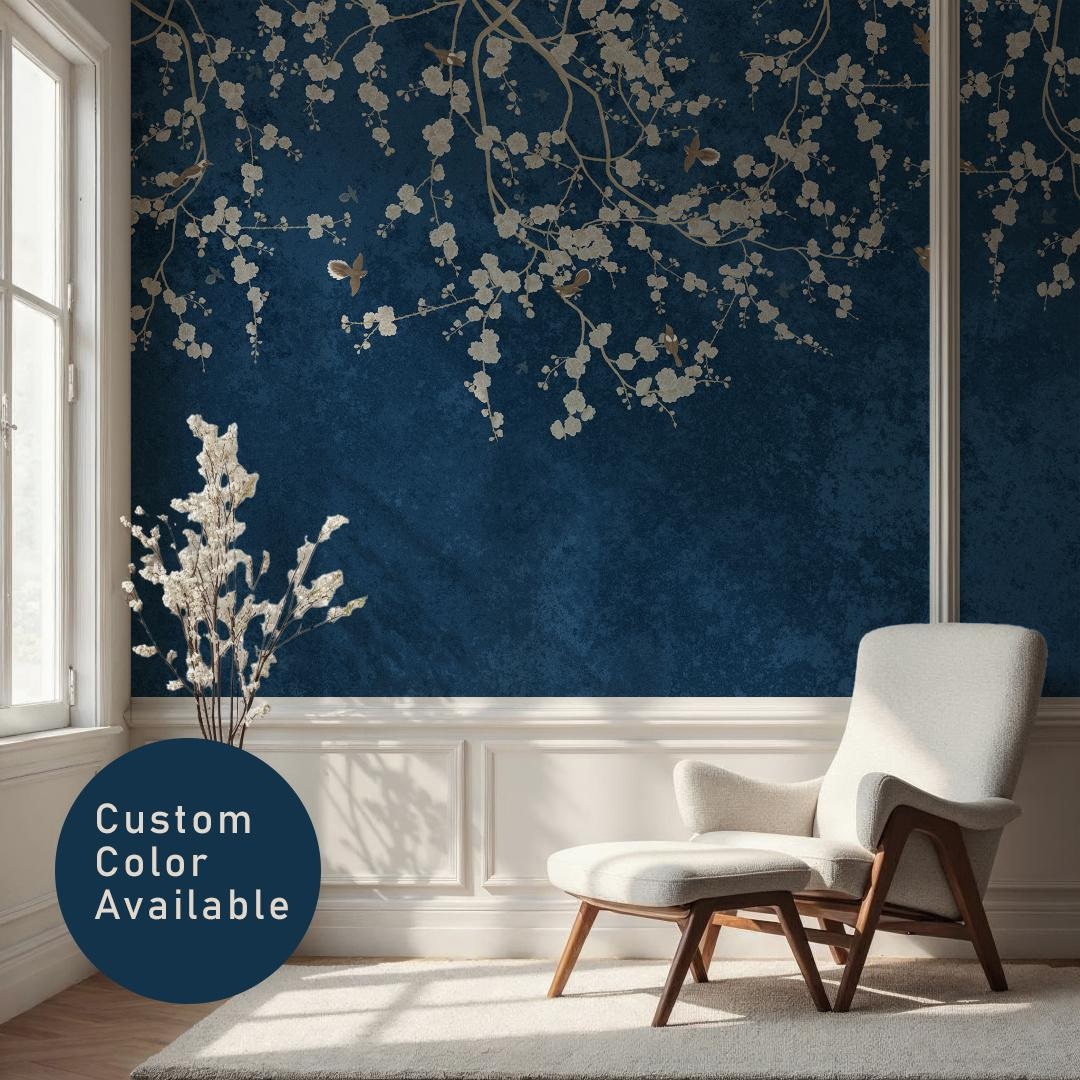 Chinoiserie Wallpaper, Dark Blue Mural,, Removable Peel Stick and ...