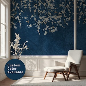 Chinoiserie Wallpaper, Dark Blue Mural,, Removable Peel Stick and Traditional