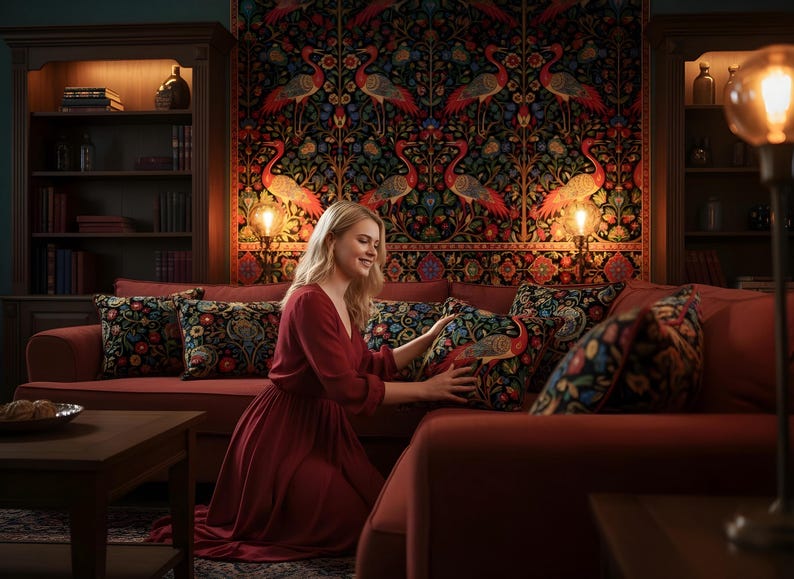 May include: A living room scene with a red sofa and decorative pillows featuring floral and bird designs. A woman in a red dress is arranging the pillows. The room has a dark wood bookcase and a patterned tapestry on the wall.