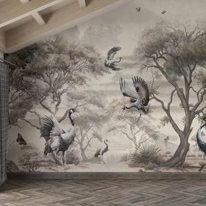 Chinoiserie Wallpaper, Beige Asian Mural, Crane Wallpaper with Tree / Removable traditional Peel Stick