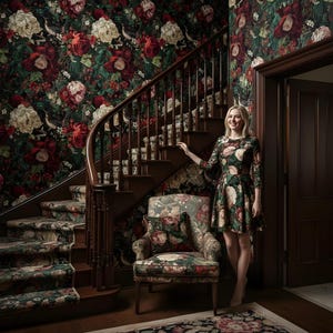 May include: A woman stands in a room with floral wallpaper and a matching dress. The room features a wooden staircase, a patterned armchair, and a floral rug. The wallpaper and dress have a dark background with red, cream, and green floral patterns.