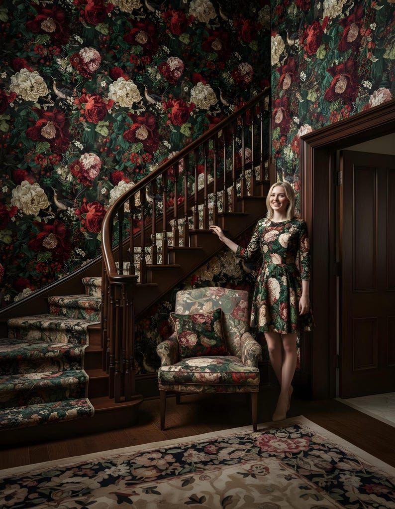 May include: A woman stands in a room with floral wallpaper and a matching dress. The room features a wooden staircase, a patterned armchair, and a floral rug. The wallpaper and dress have a dark background with red, cream, and green floral patterns.