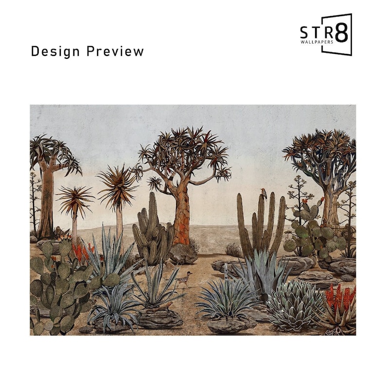 May include: A watercolor illustration of a desert landscape with various cacti and succulents. The scene features tall, slender cacti, short, round cacti, and a variety of succulents with fleshy leaves. The background is a muted blue and brown, suggesting a desert sky and sand.