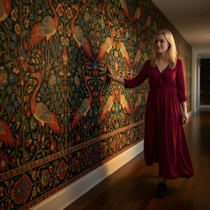 May include: A woman in a burgundy dress walks down a hallway with a patterned wall. The wall features a repeating design of birds, flowers, and foliage in shades of red, orange, green, and blue. The hallway has a dark wood floor.