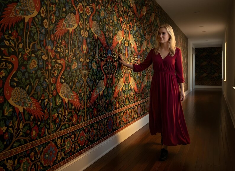 May include: A woman in a burgundy dress walks down a hallway with a patterned wall. The wall features a repeating design of birds, flowers, and foliage in shades of red, orange, green, and blue. The hallway has a dark wood floor.