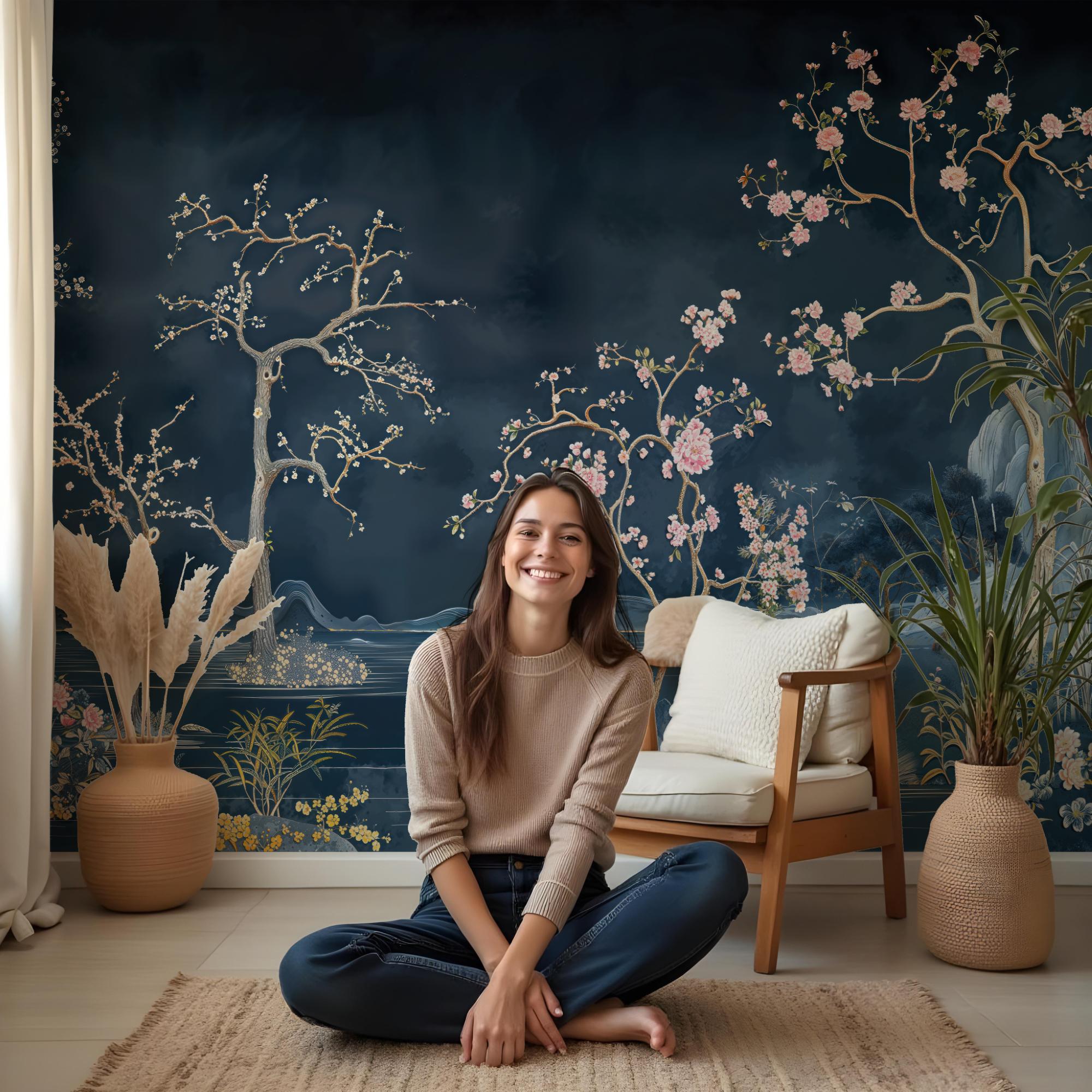 Dark Blue Chinoiserie Wallpaper / Removable Traditional Peel Stick ...