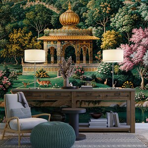 May include: A detailed mural depicting a lush garden scene with a golden-domed structure, deer, and vibrant foliage. The scene includes a wooden console table, a chair, a footstool, and two lamps. The color palette is rich with greens, pinks, and golds.