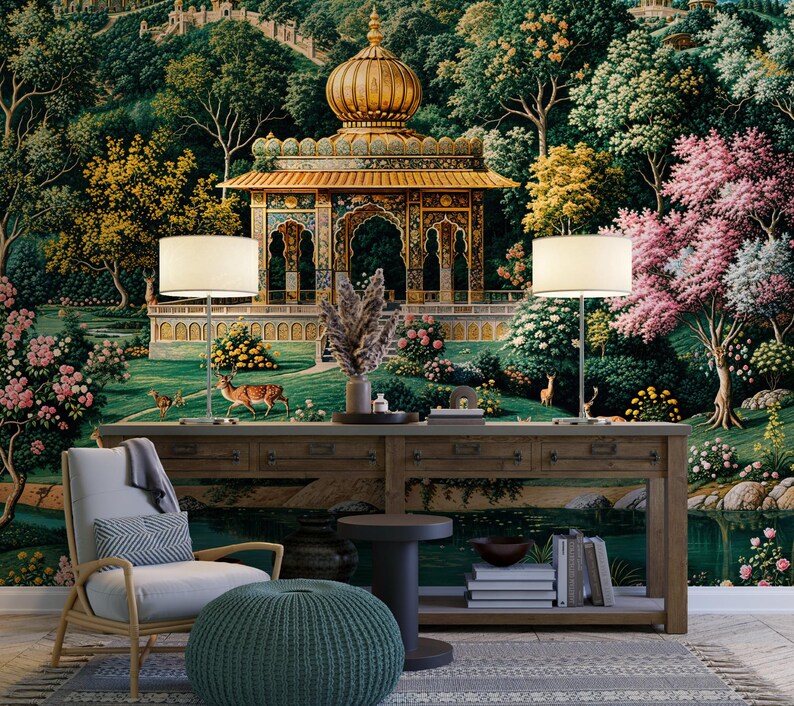 May include: A detailed mural depicting a lush garden scene with a golden-domed structure, deer, and vibrant foliage. The scene includes a wooden console table, a chair, a footstool, and two lamps. The color palette is rich with greens, pinks, and golds.