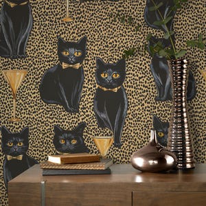 Luxury Black Cat Wallpaper – Leopard Print Peel and Stick – Removable Chic Cocktail Theme Wall Mural