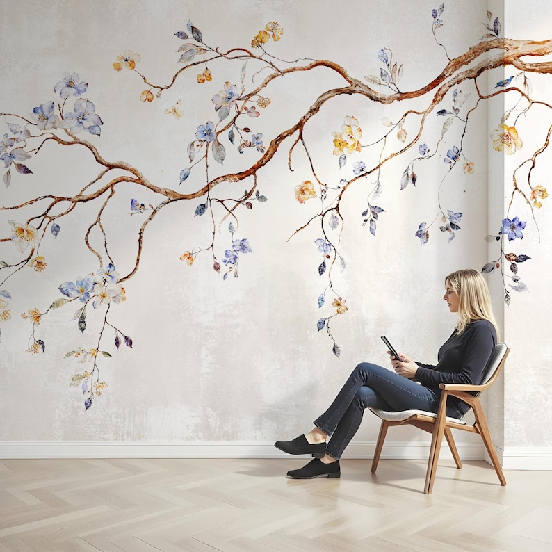 Chinoiserie blommig tapet: Vintage beige gren, självhäftande väggmålning bild 2