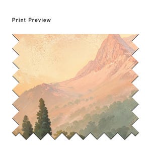 May include: A painting of a mountain range with a soft, golden light in the sky. The mountains are covered in trees and the foreground is a valley with a few trees.