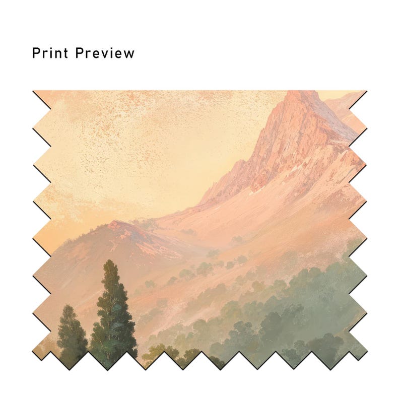 May include: A painting of a mountain range with a soft, golden light in the sky. The mountains are covered in trees and the foreground is a valley with a few trees.