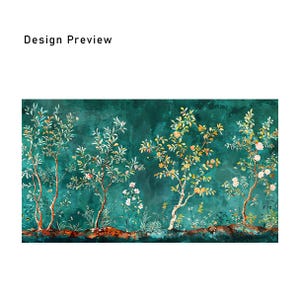 Pode incluir: Um fundo verde-azulado com um padr&atilde;o floral que apresenta quatro &aacute;rvores com flores amarelas e brancas. As &aacute;rvores s&atilde;o delineadas em preto e t&ecirc;m um aspeto texturizado.