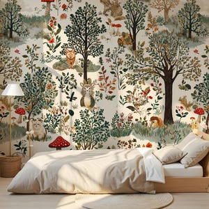 May include: A whimsical woodland mural featuring a variety of trees, flowers, mushrooms, and animals. The mural is painted in a soft, muted color palette and features a delicate, hand-painted style.
