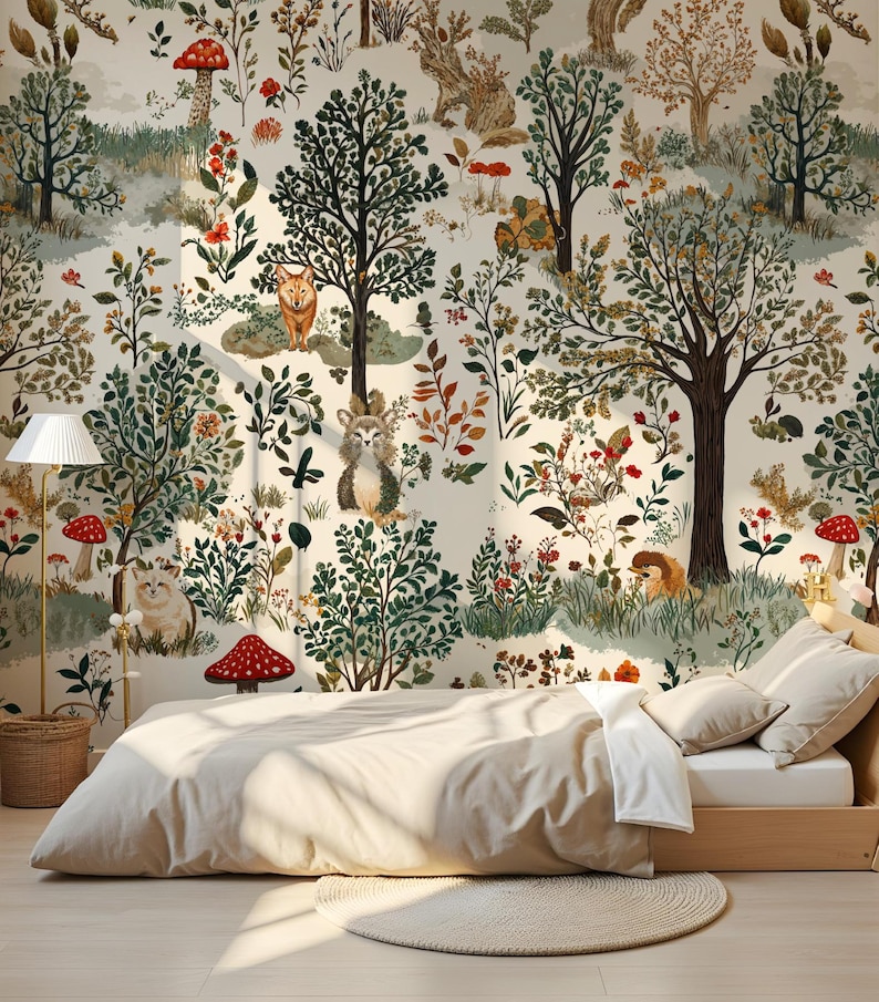 May include: A whimsical woodland mural featuring a variety of trees, flowers, mushrooms, and animals. The mural is painted in a soft, muted color palette and features a delicate, hand-painted style.