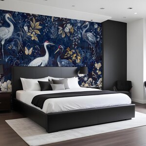 Marinblå tapet Heron Mural Chinoiserie Crane Peel Stick Avtagbar Vinyl Vanlig Tapetdekor bild 5