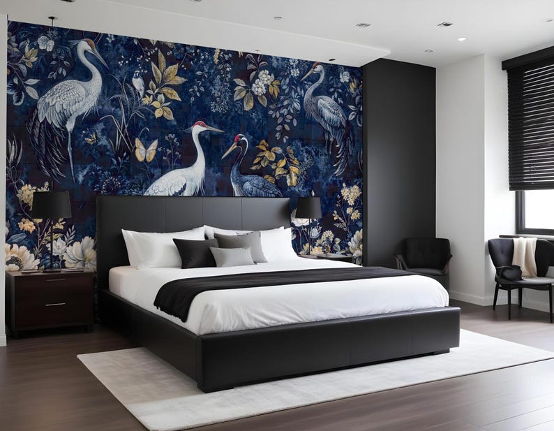 Marinblå tapet Heron Mural Chinoiserie Crane Peel Stick Avtagbar Vinyl Vanlig Tapetdekor bild 5