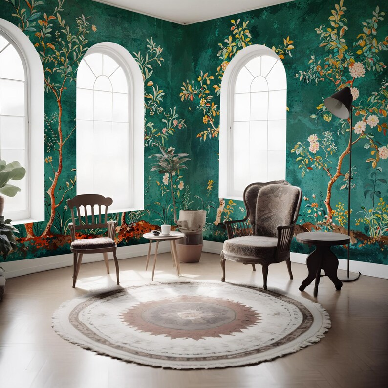 Dark Green Chinoiserie Mural Wallpaper, Asian Peel Stick Removable, traditional Vinyl Wall Paper imagem 2